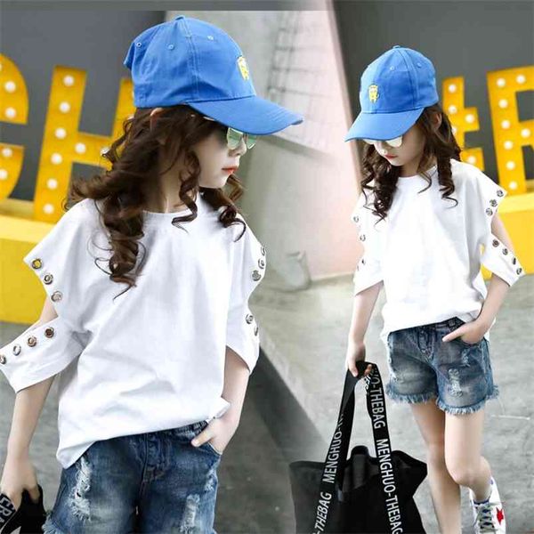

girls t shirt short sleeve off shoulder children's t-shirt cotton summer clothes for teenage solid white 6 8 10 14y 210622, Blue