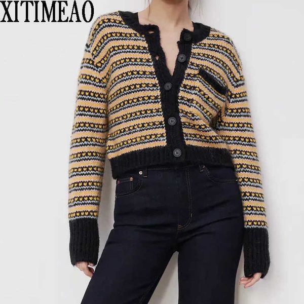 

za women spring autumn cardigans long sleeve ladies short sweater stripe o neck soft handfeel knit chic 210604, White
