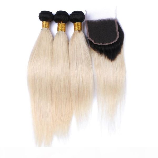 

9a virgin malaysian ombre hair with closure 3bundles #1b 613 two tone hair weaves with closure silky straight blonde hair with closure, Black