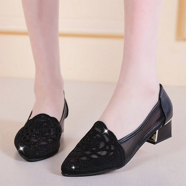 

plus size 42 women pumps mesh boat shoes medium heels dress shoes woman sandals pointed toe hollow out pump zapatos mujer 8067ndress shoes, Black