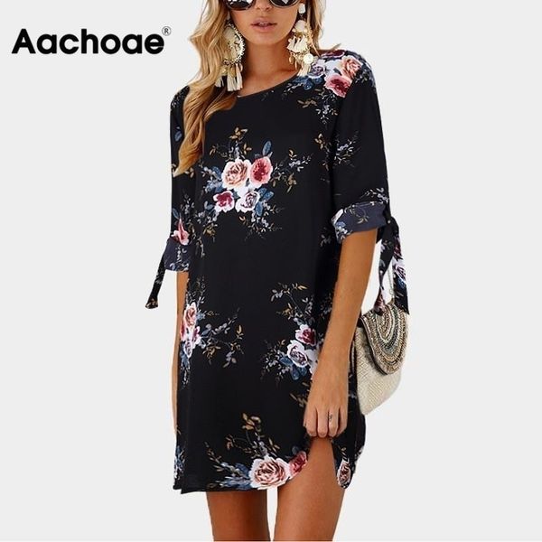 

aachoae summer dress women floral print beach chiffon dress casual loose mini party dress boho sundress vestidos plus size 210316, Black;gray
