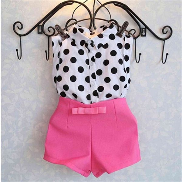 

2 6y kids clothes summer girls clothing sets girl baby polka dot coat pink pants high quality, White