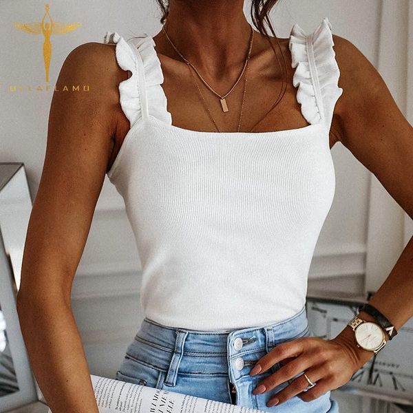 

women's tanks & camis harajuku tank women ruffles square collar knitted tee slim female basic tshirts solid casual backless skinny, White
