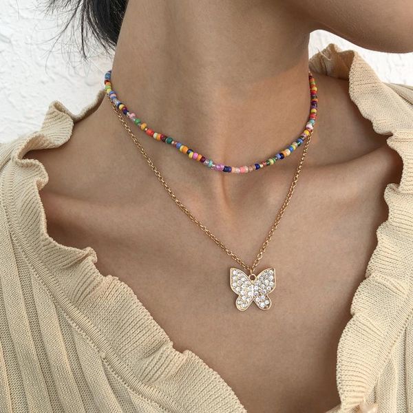 

chokers crystal butterfly pendant necklace handmade mini beads multilayer bohemian clavicle chain women party necklaces jewelry, Golden;silver