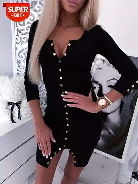 

basic v neck mini dress casual long sleeve knit dress women cotton slim bodycon shiny button winter autumn warm dresses sweater #yd4p, Black;gray