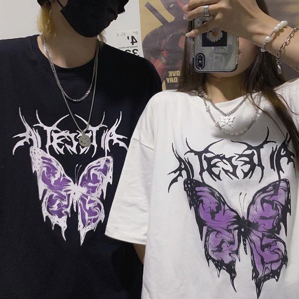 

summer streetwear vintage butterfly print gothic dropshipping korean black large size harajuku short sleeve women t-shirts, White