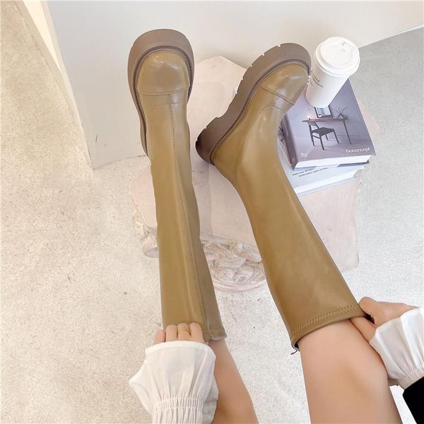 

boots women's rubber shoes round toe thigh high heels boots-women rain autumn ladies over-the-knee mid calf 2021, Black