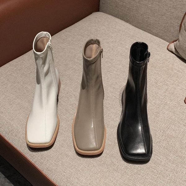 

boots square toe autumn winter shoes for woman thick heels side zipper elegant wedding night club women ankle, Black