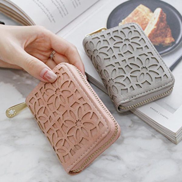 

card holders yambuto women holder floral cute mini wallet hollow out organ coin purse pu leather credit id zipper money pocket case, Brown;gray