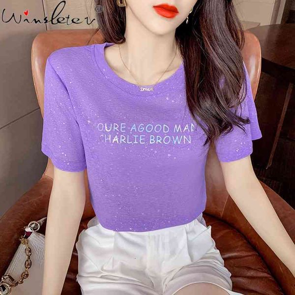 

women's t-shirt summer korean style loose cotton fashion o-neck shiny diamonds letter women bottoming shirt tees t15802a, White