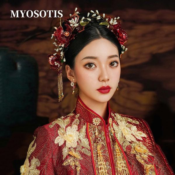 

hair clips & barrettes sweet classical chinese brides accessories red blossom flower wedding headpieces jewelry, Golden;silver