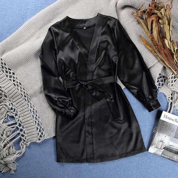 

women's sleepwear black kimono robe gown summer dressing button-down sleeve nightwear satin bathrobe with belt thin rayon lingerie, Black;red