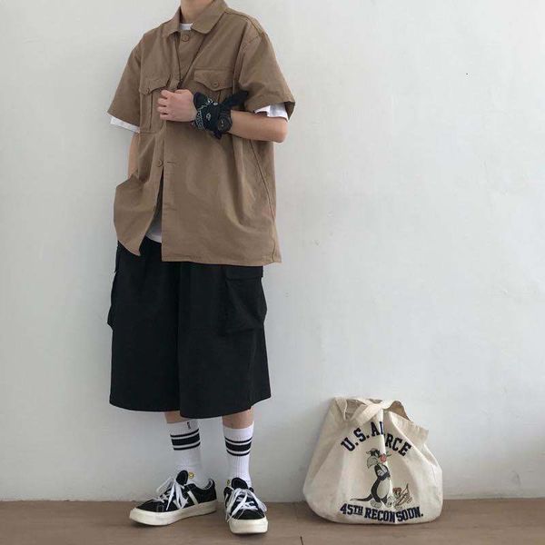 

japanese retro wild-style tools short summer sleeves, korean version of the male students loosen jacket couple shirt 2zsa, White