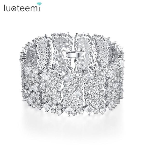

cuff luoteemi hyperbole design luxury bracelet for women party wedding exquisite shiny cz stainless steel jewelry christmas gift, White