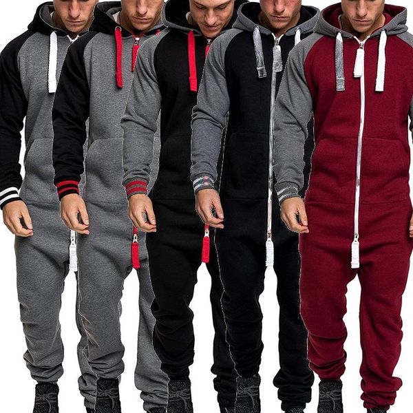 

mens autumn winter splicing jumpsuit zipper hooded one-piece garment pajama playsuit male onesie jumpsuits overalls hombre 2021, Gray