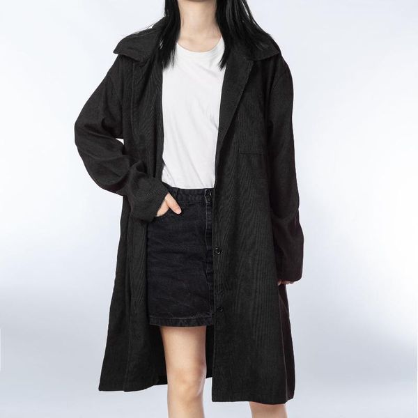 

women's wool & blends women corduroy coat turn down collar button side pockets autumn winter warm jacket ladies vintage long outwear 20, Black