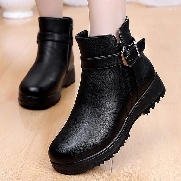 

boots woman ankle 2021 warm fur wool wedge platform plus velvet thick zip buckle waterproof booties1, Black