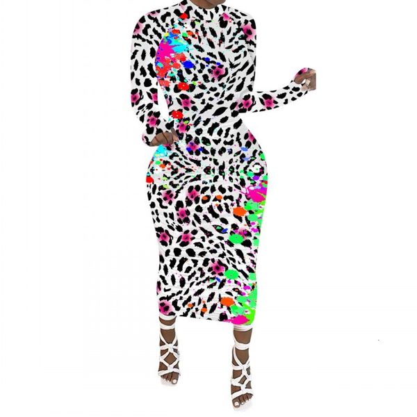 

2021 autumn dresses women turkleneck long ankle pencil length fashion leopard graffiti impression vintage dress elegent wzo0, Black;gray