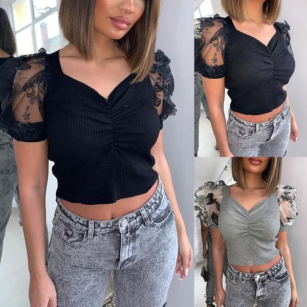 

women's blouses & shirts low cut see through puff sleeve women crop summer short blouse and shirt, White