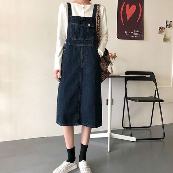 

strap skirt women's autumn korean version versatile straight tube mid length over knee loose skinny denim dress academic style, Blue