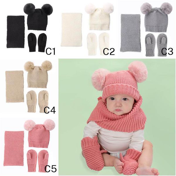 0-36 Monate Babymode Wellenstrick Pom-Pom Beanie Schal Handschuh-Sets Schöne Kinder Zwei Bälle Solide Warme Mützen Schals Handschuhe