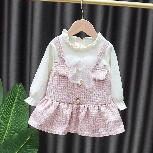 

girl's dresses spring girls dress western style fake two-piece little fragrance princess long sleeve o-neck pink, Red;yellow