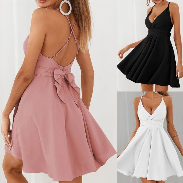 

ruffle sleeveless solid color bandage women dresses backless bow cross lace up bodycon three summer club dress vestdios, Black;gray