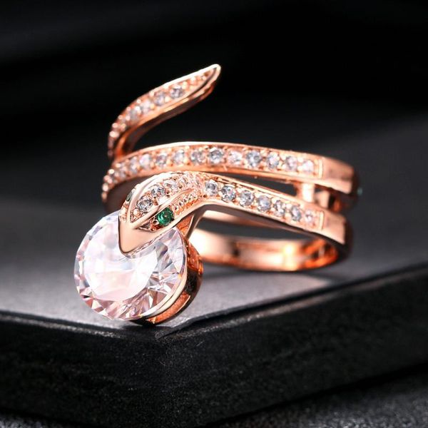 Кластерные кольца двойной ярмарке формы змеи ясного зеленого кубического циркония пальца розовый золотой цвет мода панк стиль ювелирные изделия для женщин DFR271