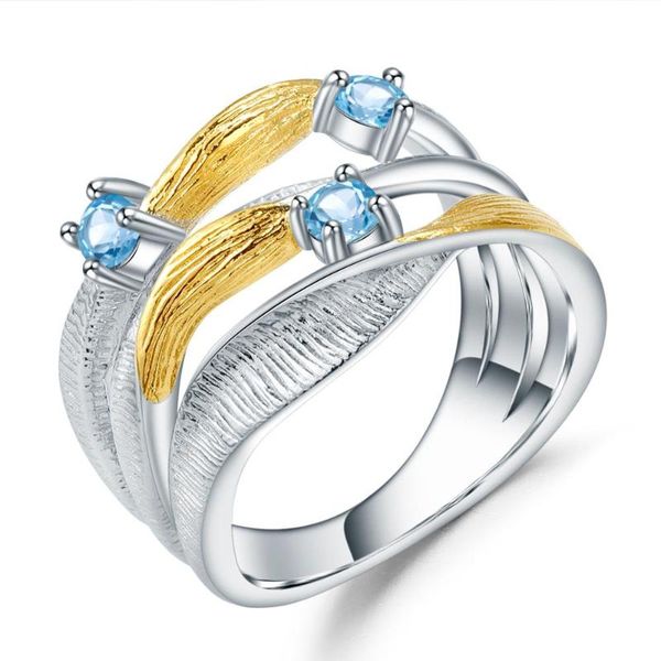 

cluster rings gem's ballet 925 sterling silver handmade band twist for women jewelry 0.47ct natural swiss blue z gemstones ring, Golden;silver