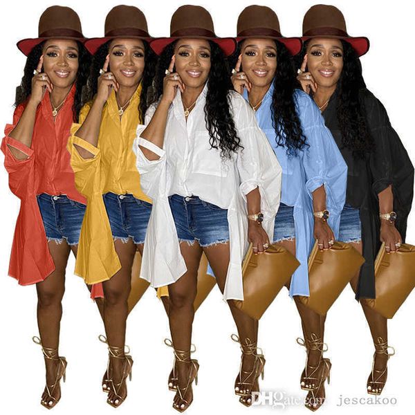 

designer women shirts fashion long sleeve irregular long blouses ladies autumn casual lapel neck buttons solid blouse, White