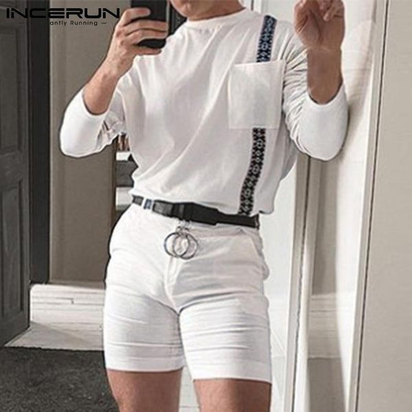 

men's tracksuits incerun men sets patchwork 2021 o neck long sleeve t shirt & shorts two pieces streetwear fashion mens casual suits s-, Gray