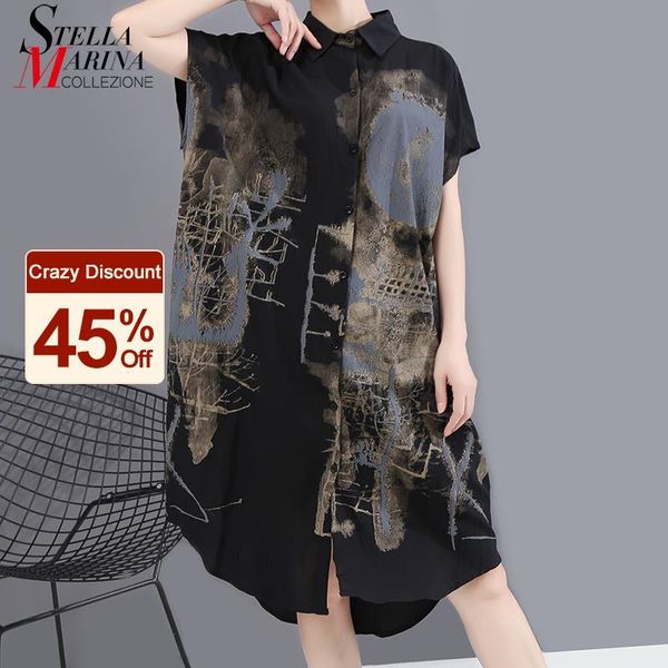 Nuovo stile coreano dipinto estate donna nero vintage camicia abito stampato big size signore elegante casual abito longuette vestaglia 6107 210309