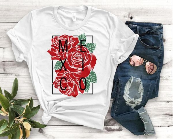 

women t shirt mexico with roses print tshirt women short sleeve o neck loose t shirt ladies causal shirt clothes, White