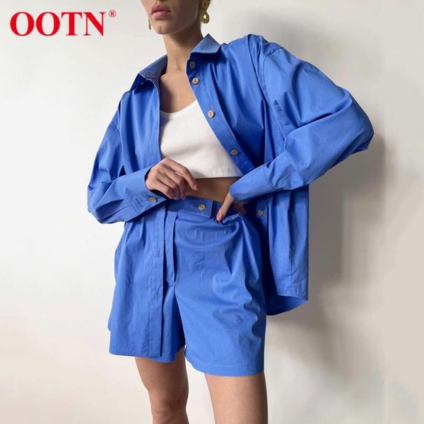 

women's tracksuits ootn full sleeve turn-down collar single breasted casual set with shorts elastic high waist loose zipper summer suit, Gray