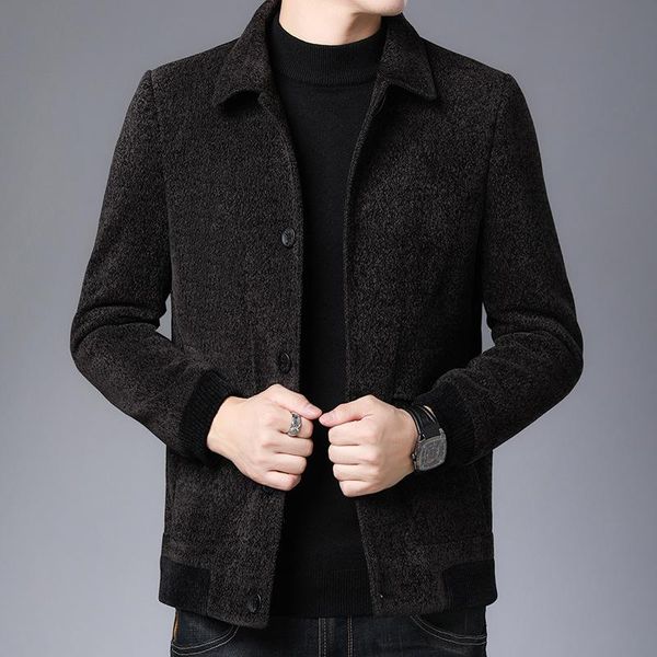 

middle aged and old age cashmere coat men's woollen cloth medium coat men's thickening and cashmere warm wholesale, Black