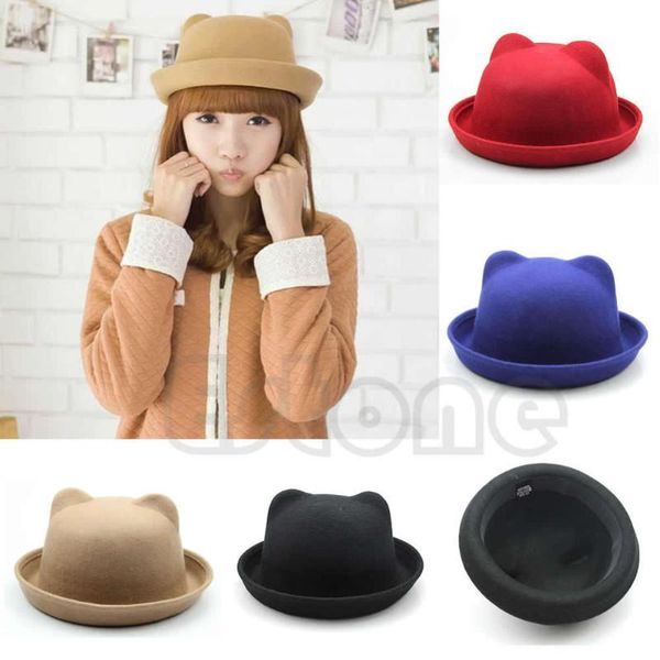 

stingy brim hats fashion women parentchild ear cap cat wool fedora bowler, Blue;gray