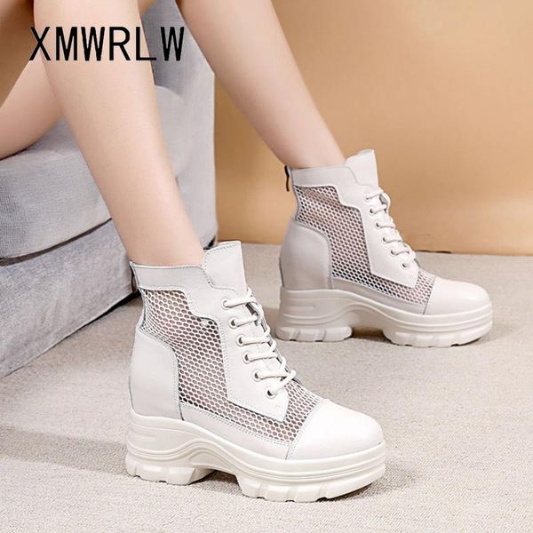 

boots xmwrlw genuine leather women 2021 summer casual hidden heel ladies breathable mesh ankle boot shoes, Black