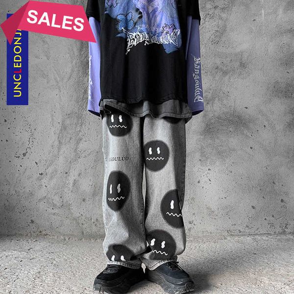 

uncledonjm retro greyish black smile face printed jeans hip hop loose straight pants men hiphop for biker an-e076, Blue