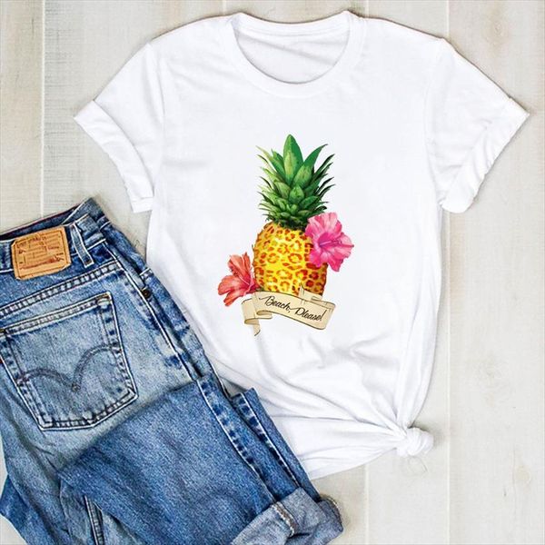

pineapple flower fashion cute fruit women t shirt beach summer tee clothes, White
