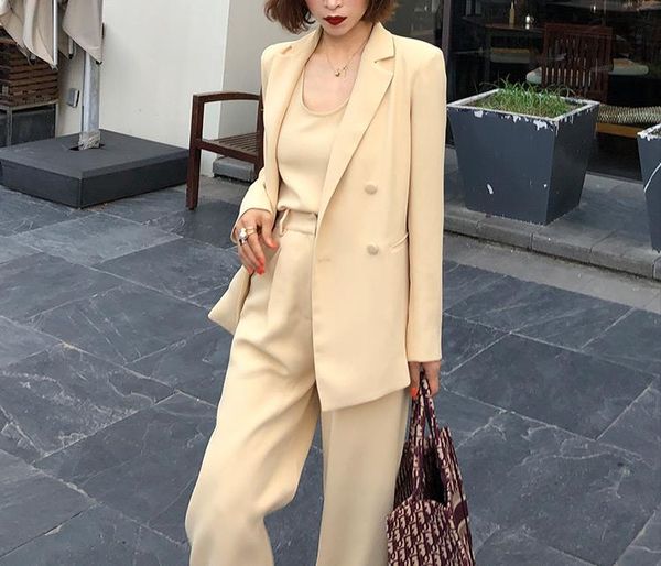

women's two piece pants women long sleeve & notched collar blazer - ladies casual suit trousers 2021 white/yellow 2 sets