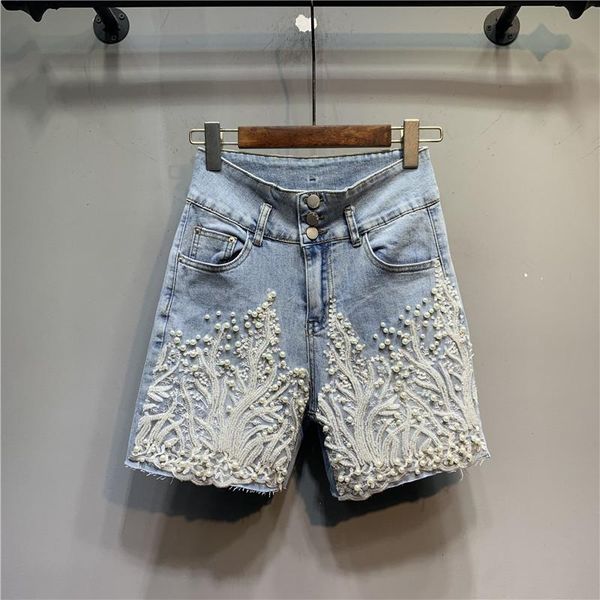 

women's jeans clothes embroidered lace frayed cropped denim shorts high waist loose elastic slimming and straight pants, Blue