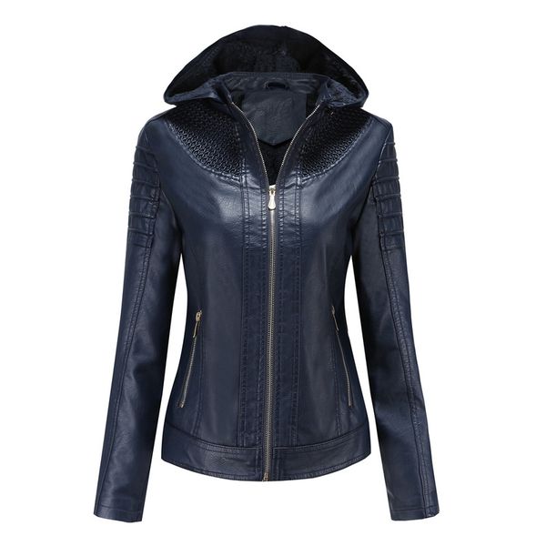 

women's faux leather jacket, street autumn and winter, regular version, casual, cool, long-sleeved solid color pocket hooded spring, Black