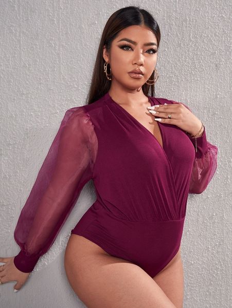 

plus mesh insert bishop sleeve bodysuit x8mx#, Black