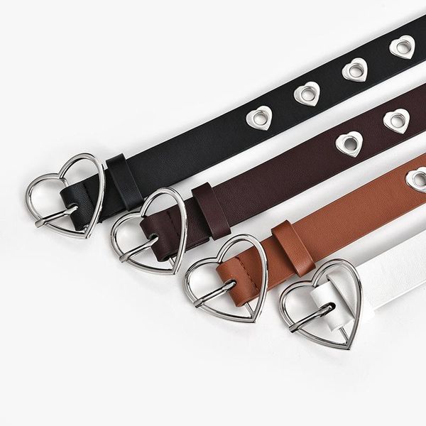 

fashion harajuku women punk style eyelet grommet heart buckle belts solid pu leather waist belt decorative waistband for jeans, Black;brown