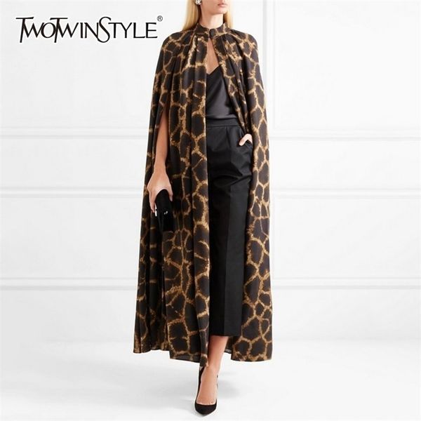 Twotwinstyle fêmea casaco de cardigan o pescoço capa de capa imprimir leopardo maxi capa para mulheres outono vintage moda 210812