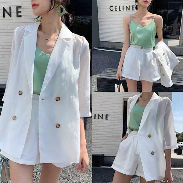 

women's suits & blazers women blazer jacket elastic waist shorts female pant casual 3 pieces set, White;black