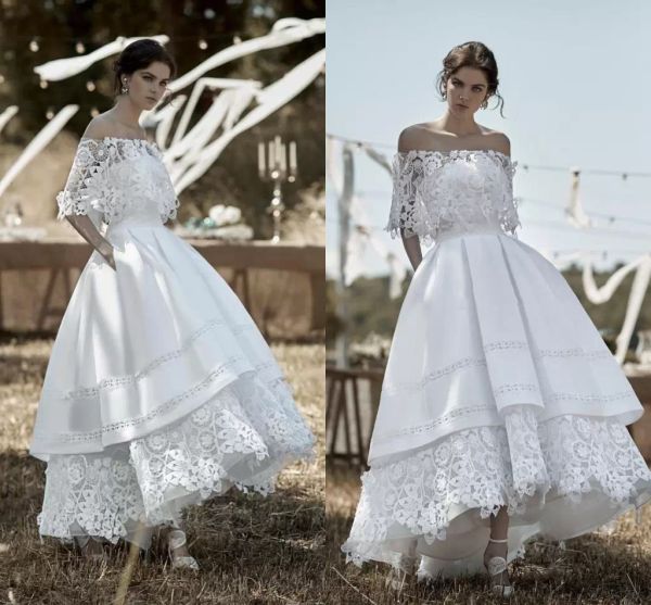 Abiti da sposa vintage abito da sposa fuori dal pizzo spalla alto a basso contenuto di dimensioni più dimensioni con una linea con gonna a più livelli vestido de nobu country designer 403 firmer firma