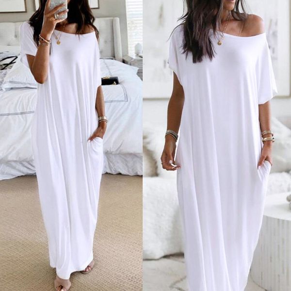 

omen solid white maxi long dress summer o-neck short sleeve party vestido robe femme bohemian sundress casual cxrc, Black