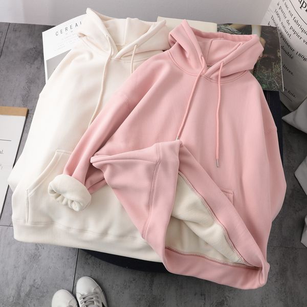 

2021 new women's oversized hoodie solid color white hooded sweatshirts thicken warm fleece female plus winter clothes woman psf4, Black