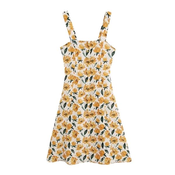 

women chic fashion floral print buttons mini dress vintage backless spaghetti strap dresses casual vestidos mujer 210531, Black;gray
